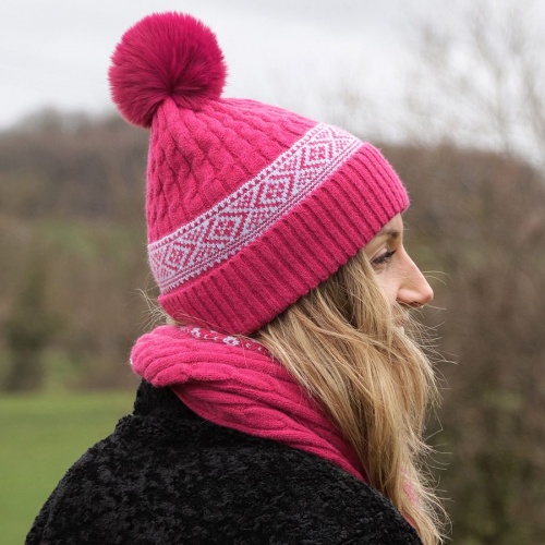 Rich Pink Cable Knit Diamond Border Bobble Hat by Peace of Mind